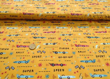 Yannik cotton poplin yellow fabric with cars